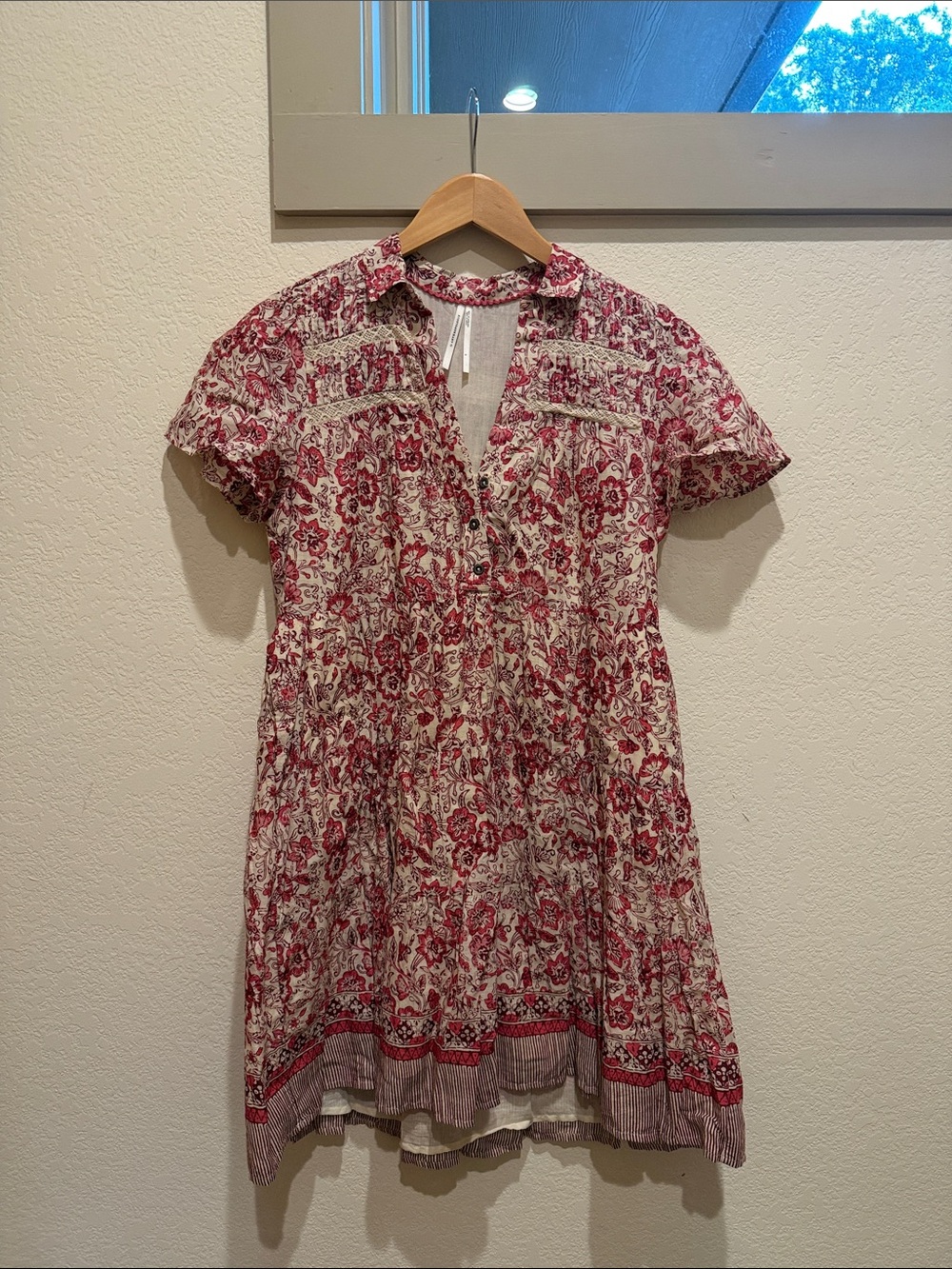 Anthropologie Red & Cream Floral Button-Front Tunic Dress